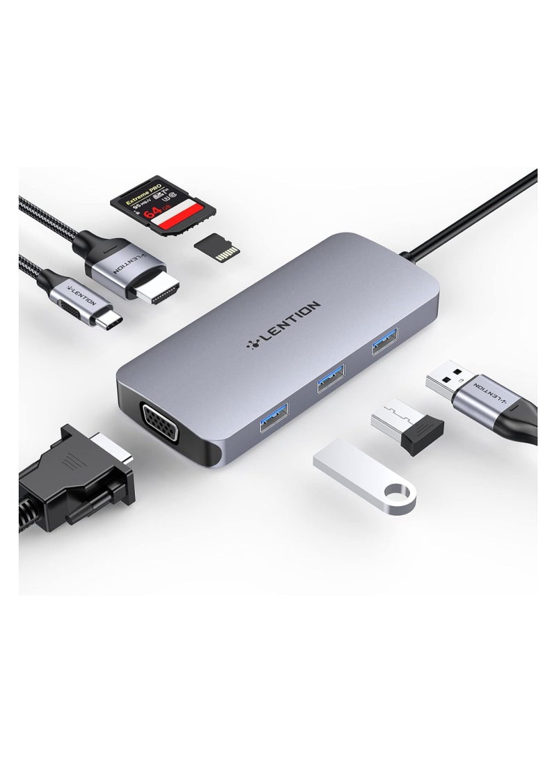 LENTION USB C Hub with 4K HDMI, VGA, SD/Micro SD Card Reader, 3 USB 3.0 & Type C Charging Compatible 2021-2016 MacBook Pro, New Mac Air/Surface, More, Stable Driver Adapter (CB-CE55, Space Gray)