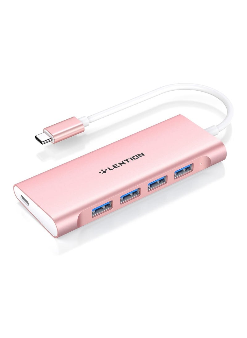 LENTION USB C Hub with 4 USB 3.0 & Type C Charging Compatible 2023-2016 MacBook Pro, New Mac Air, New Surface, Chromebook, More, Stable Driver Certified Type C Multiport Adapter (CB-C31, Rose Gold)