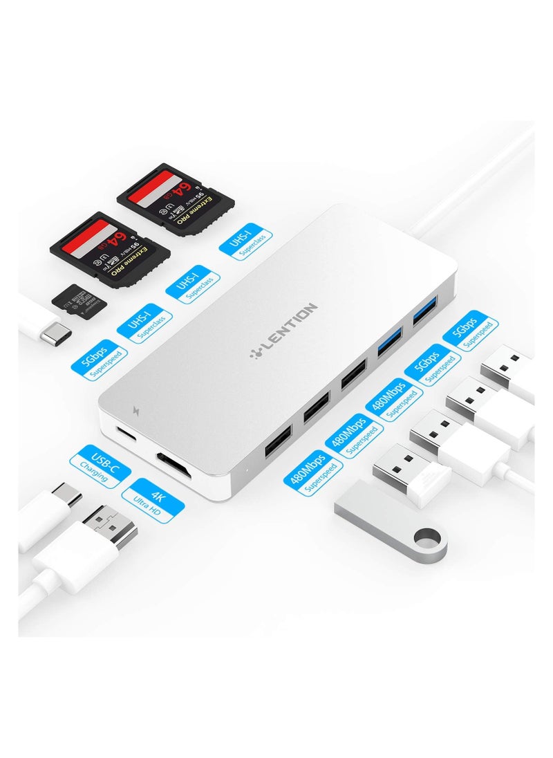 LENTION USB C Hub with 3-Slot Card Reader, 4K HDMI, USB 3.0, USB 2.0, Type C Data/Charging Compatible 2023-2016 MacBook Pro, New Mac Air/Surface, Stable Driver Certified Adapter (CB-C19, Silver)