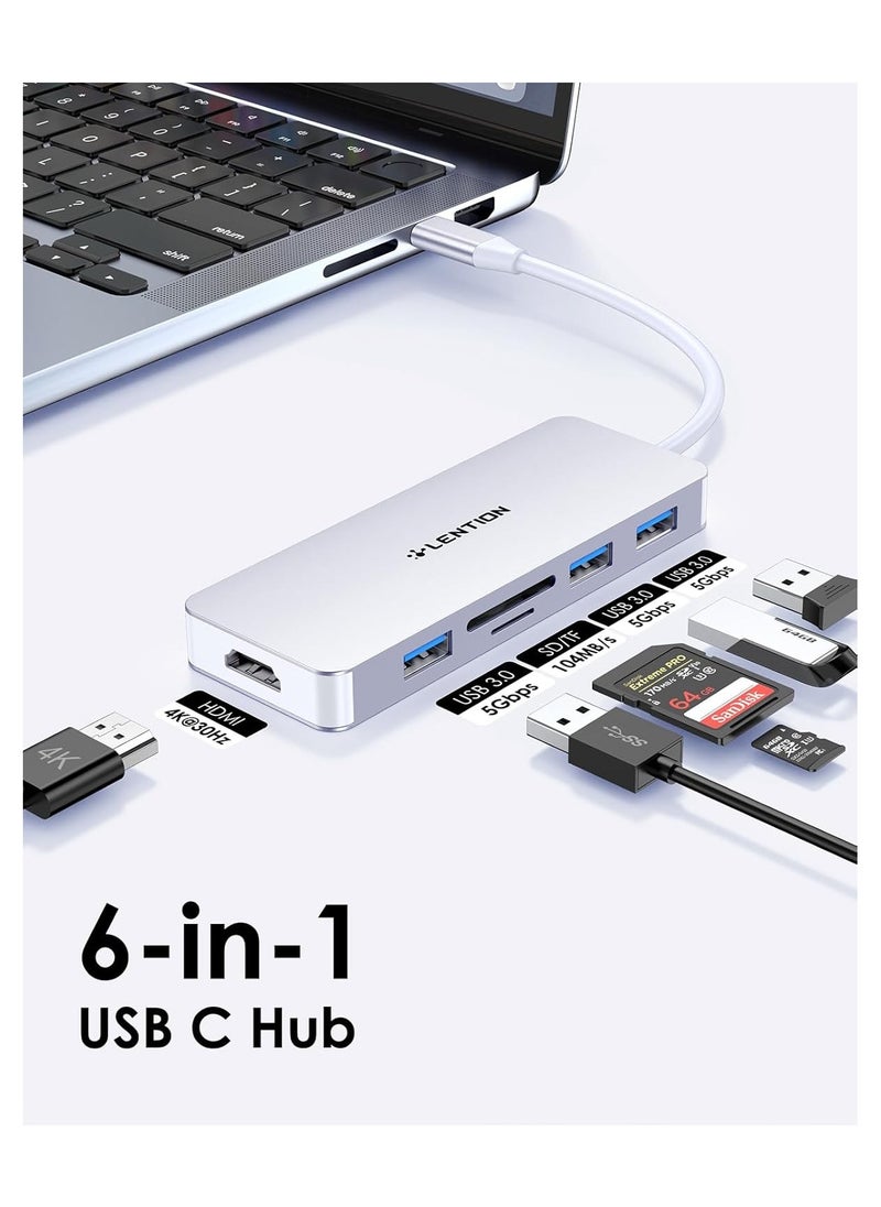 LENTION USB C Hub with 4K HDMI, 3 USB 3.0, SD/Micro SD Card Reader Compatible 2023-2016 MacBook Pro, New Mac Air/Surface, Stable Driver Certified Multi-Port Adapter (CB-C18, Silver)