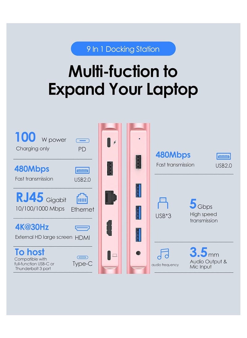 LENTION USB C Docking Station with 100W PD, 4K HDMI, Gigabit Ethernet, USB 3.0/2.0 & Aux Adapter Compatible 2023-2016 MacBook Pro, Mac Air/Surface, More, Stable Driver Certified (CB-D53, Rose Gold)