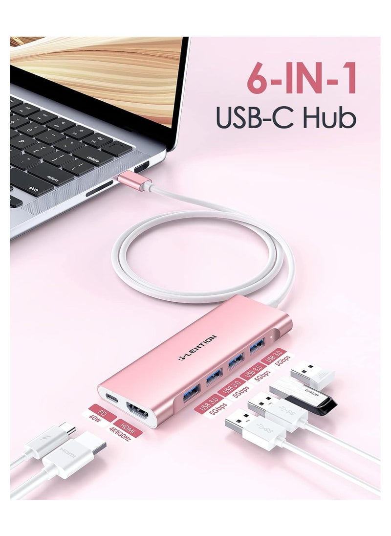 LENTION 3.3FT Long Cable USB C Multiport Hub with 4K HDMI, 4 USB 3.0, Type C Charging Compatible 2023-2016 MacBook Pro, New Mac Air/iMac/Mac Mini, More, Stable Driver Adapter (C35-1M, Rose Gold)