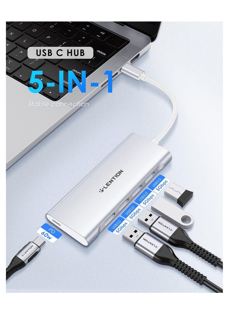 LENTION USB C Hub with 4 USB 3.0 & Type C Charging Compatible 2023-2016 MacBook Pro, New Mac Air, New Surface, Chromebook, More, Stable Driver Certified Type C Multiport Adapter (CB-C31, Silver)