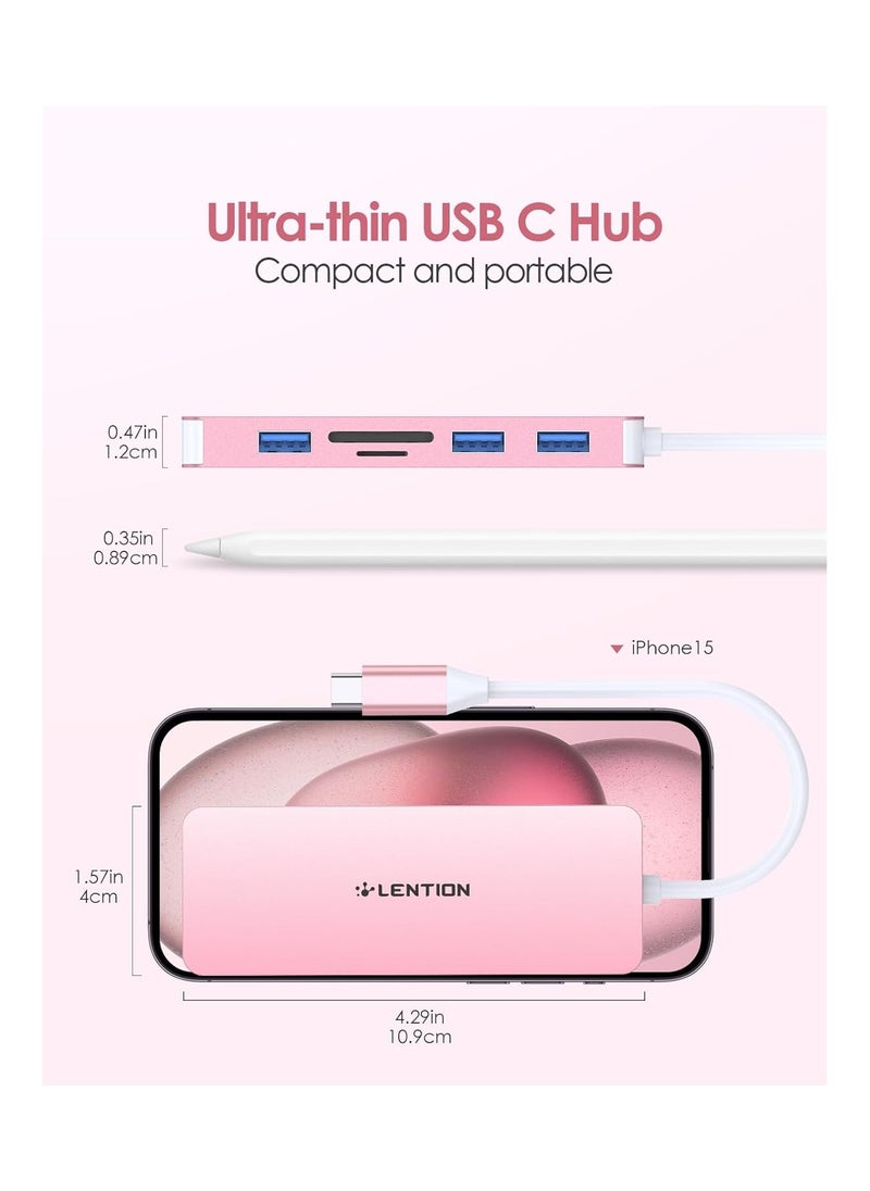 LENTION USB C Hub with 4K HDMI, 3 USB 3.0, SD/Micro SD Card Reader Compatible 2023-2016 MacBook Pro, New Mac Air/Surface, Stable Driver Certified Multi-Port Adapter (CB-C18, Rose Gold)