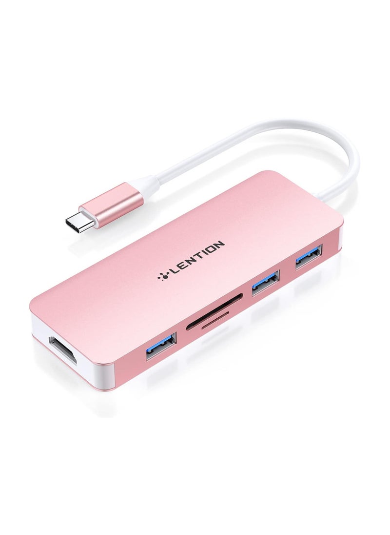 LENTION USB C Hub with 4K HDMI, 3 USB 3.0, SD/Micro SD Card Reader Compatible 2023-2016 MacBook Pro, New Mac Air/Surface, Stable Driver Certified Multi-Port Adapter (CB-C18, Rose Gold)