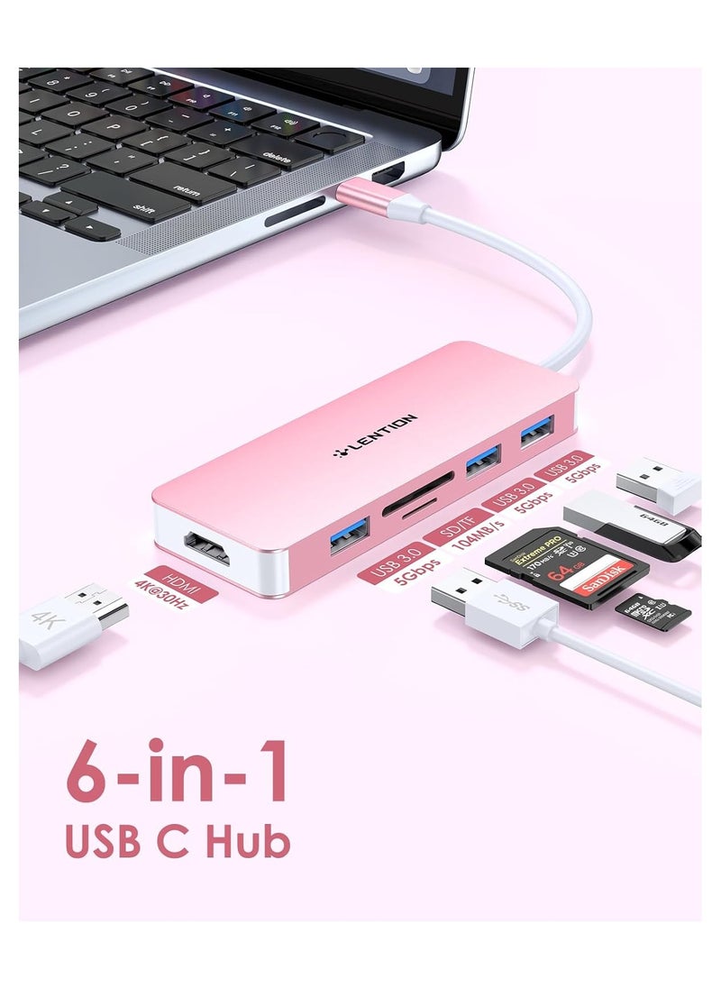 LENTION USB C Hub with 4K HDMI, 3 USB 3.0, SD/Micro SD Card Reader Compatible 2023-2016 MacBook Pro, New Mac Air/Surface, Stable Driver Certified Multi-Port Adapter (CB-C18, Rose Gold)