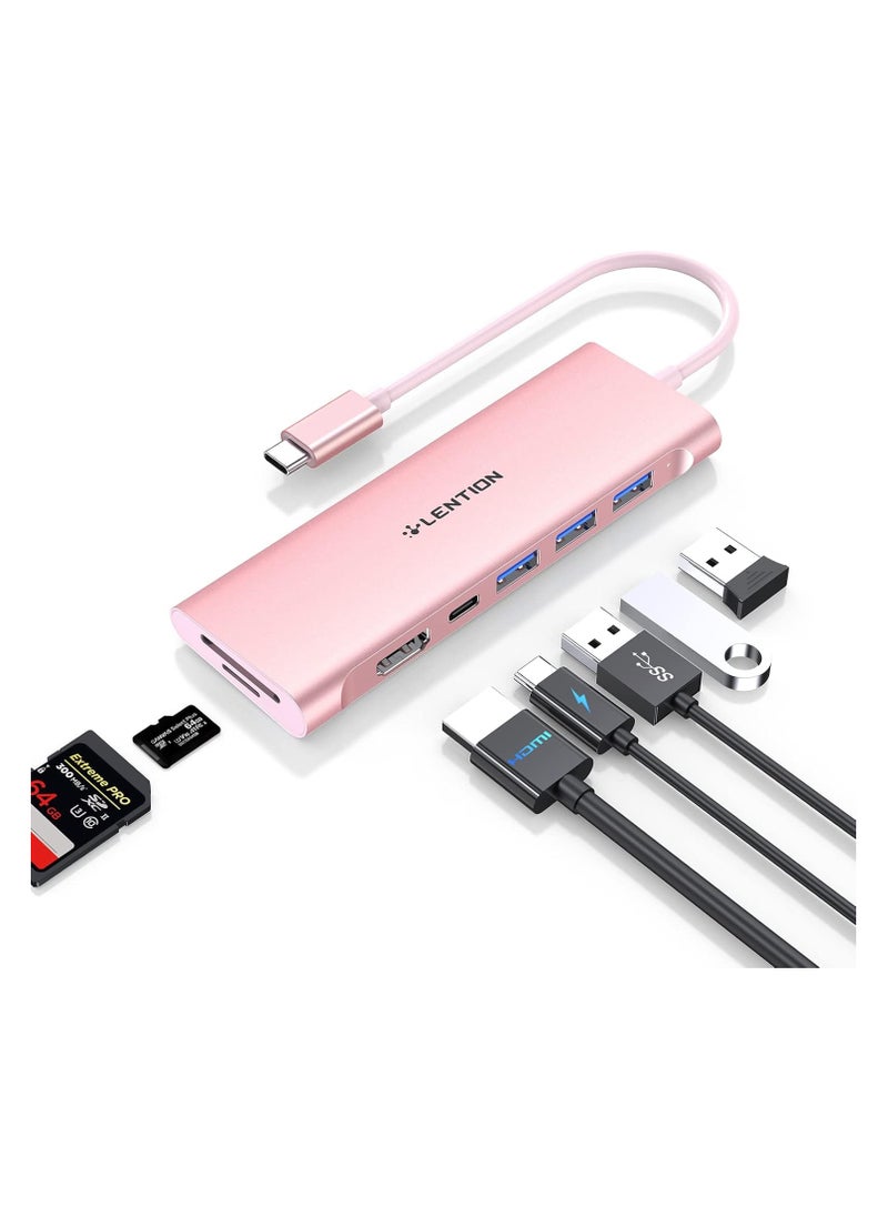 LENTION USB C Multiport Hub with 4K HDMI, 3 USB 3.0, SD/Micro SD Card Reader, 100W PD Compatible 2023-2016 MacBook Pro, New Mac Air, Other Type C Devices, Stable Driver Adapter (CB-C36B, Rose Gold)