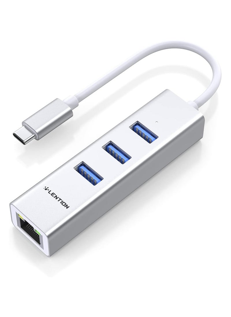 LENTION USB-C to 3-Port USB 3.0 Hub with Gigabit Ethernet LAN Adapter Compatible 2020-2016 MacBook Pro 13/15/16, New Mac Air/Surface/iPad Pro, Chromebook, More - Ultra Slim (CB-C23s, Silver)