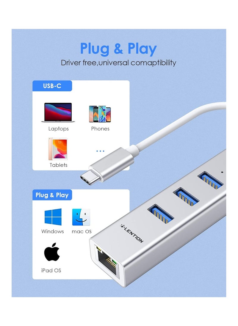 LENTION USB-C to 3-Port USB 3.0 Hub with Gigabit Ethernet LAN Adapter Compatible 2020-2016 MacBook Pro 13/15/16, New Mac Air/Surface/iPad Pro, Chromebook, More - Ultra Slim (CB-C23s, Silver)