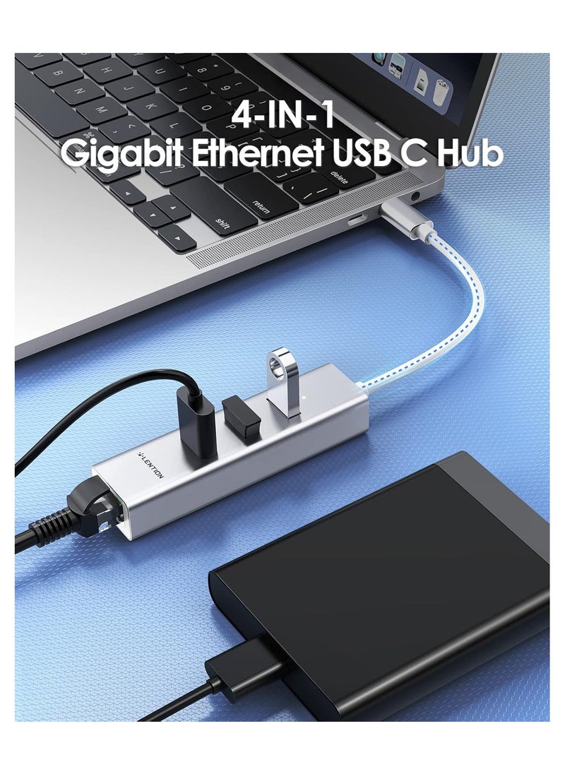 LENTION USB-C to 3-Port USB 3.0 Hub with Gigabit Ethernet LAN Adapter Compatible 2020-2016 MacBook Pro 13/15/16, New Mac Air/Surface/iPad Pro, Chromebook, More - Ultra Slim (CB-C23s, Silver)