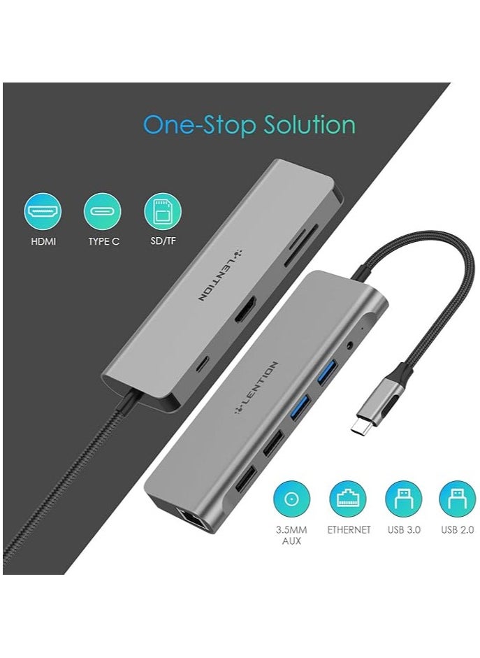 LENTION USB C Hub with 4K HDMI, SD 3.0 Card Reader, Gigabit Ethernet, Charging, USB 3.0/2.0 & Aux Port Compatible MacBook Pro, New Mac Air/Surface, More, Stable Driver Adapter (CB-C69, Space Gray)