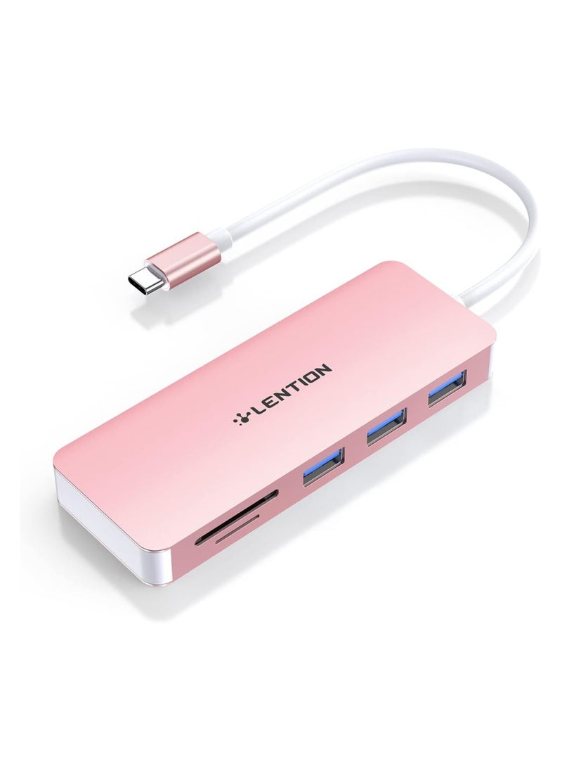 LENTION USB C Hub with 3 USB 3.0 & SD/Micro SD Card Reader Compatible 2021-2016 MacBook Pro 13/15/16, New Mac Air/iPad Pro/Surface, More, Stable Driver Certified Type C Adapter (CB-C15, Rose Gold)