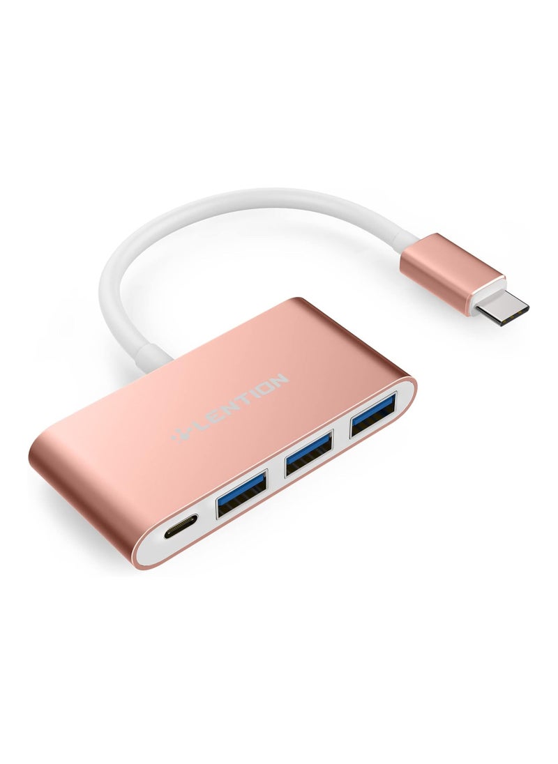 LENTION 4-in-1 USB-C Hub with 3 USB 3.0 and Type C Power Delivery Compatible 2023-2016 MacBook Pro 13/14/15/16, New Mac Air/Surface, ChromeBook, More, Multiport Charging Adapter (CB-C13se, Rose Gold)