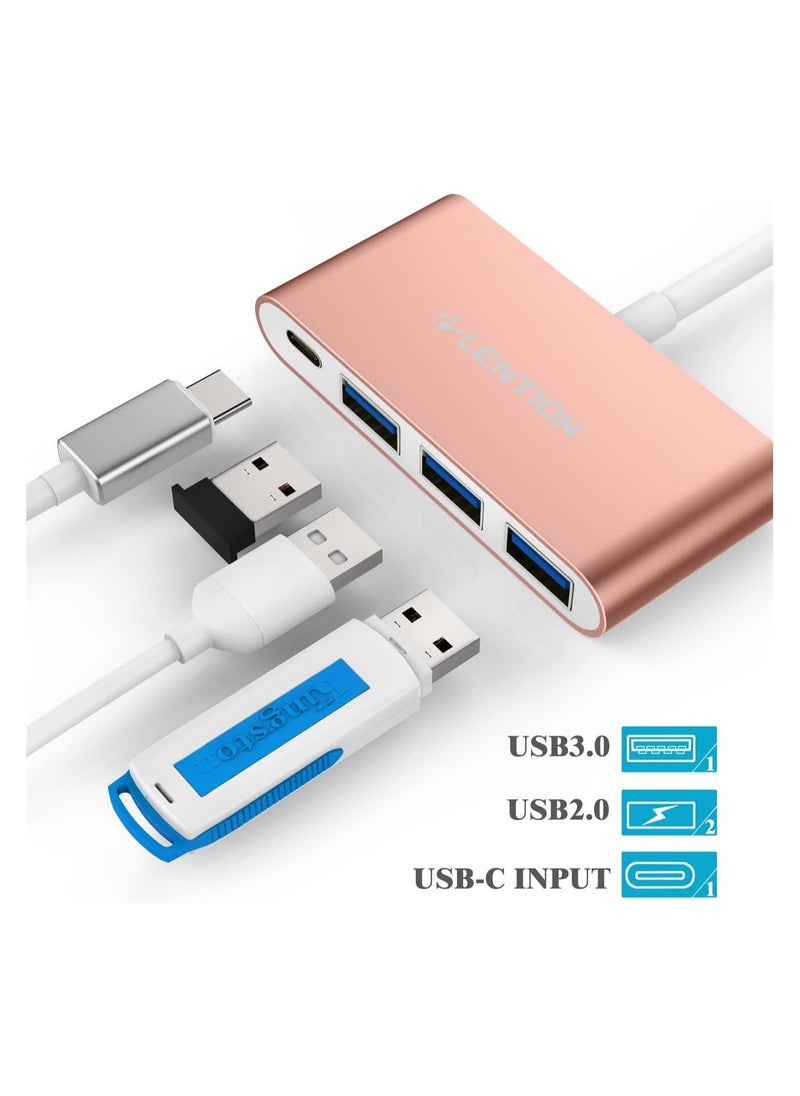 LENTION 4-in-1 USB-C Hub with 3 USB 3.0 and Type C Power Delivery Compatible 2023-2016 MacBook Pro 13/14/15/16, New Mac Air/Surface, ChromeBook, More, Multiport Charging Adapter (CB-C13se, Rose Gold)