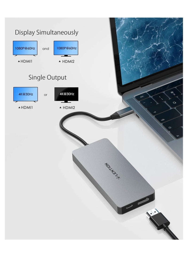 LENTION USB C Dual HDMI Hub with 4X USB 3.0, 2X 4K HDMI and 100W Type C Charging Adapter, Compatible with Thunderbolt 3 Ports Devices (CB-C45, Space Gray)