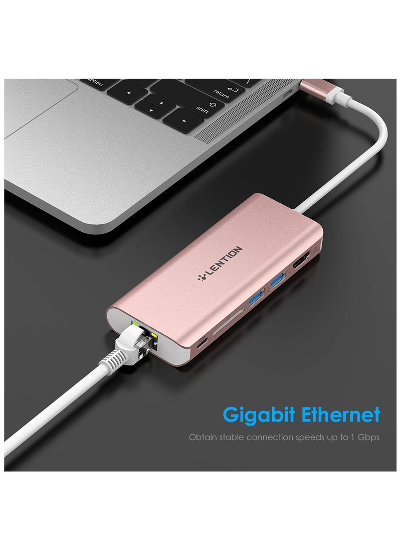 LENTION USB C Hub with 4K HDMI, SD Card Reader, 2 USB 3.0, Type C Charging & Ethernet Compatible 2023-2016 MacBook Pro, New Mac Air/Surface/Steam Deck, More, Stable Driver Adapter (CB-C68, Rose Gold)