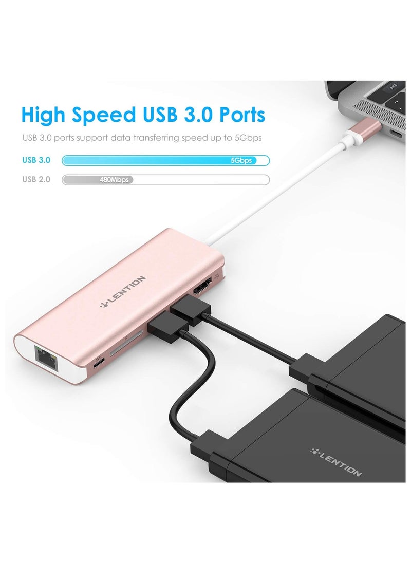 LENTION USB C Hub with 4K HDMI, SD Card Reader, 2 USB 3.0, Type C Charging & Ethernet Compatible 2023-2016 MacBook Pro, New Mac Air/Surface/Steam Deck, More, Stable Driver Adapter (CB-C68, Rose Gold)