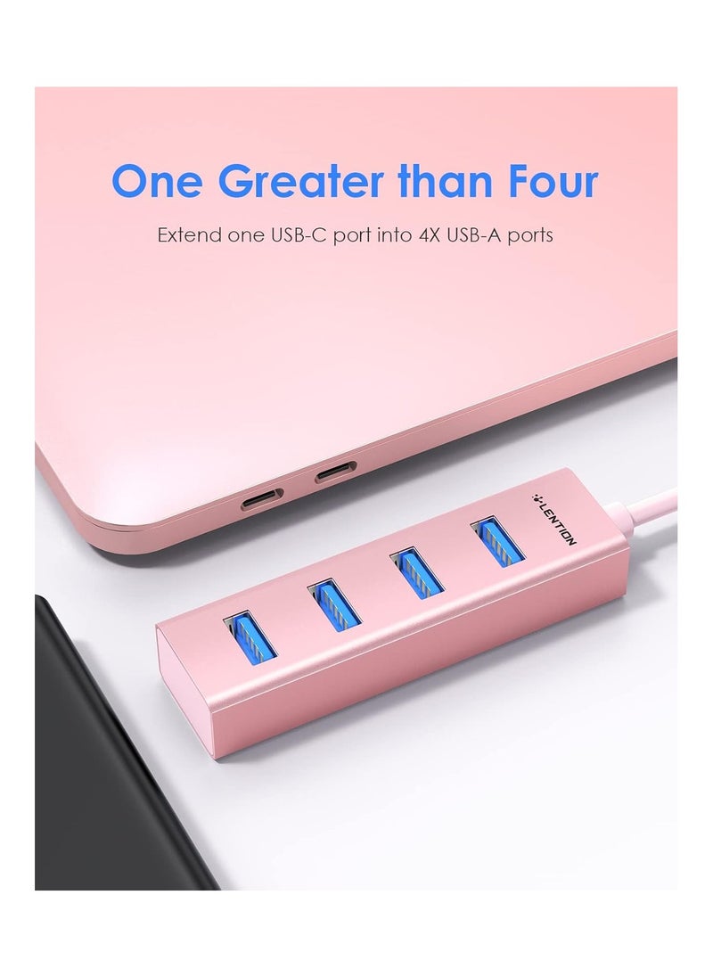 LENTION 4-in-1 USB C Hub, 4 USB 3.0 Ports, USB C to USB A Multiport Adapter for 2023-2016 MacBook Pro, Mac Air & Surface, iPad Pro, Chromebook, More, Stable Driver Certified (CB-C22s, Rose Gold)