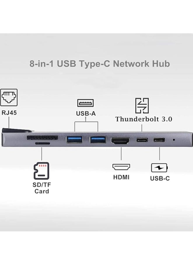 Type c Hub Adapter, 8 in 1 USB Type C Network Hub, Type C Hub with Ethernet Port, 1 4K HDMI, 2 USB 3.0 Ports, and SD Card Reader,Hub for MacBook and other USB-C laptops