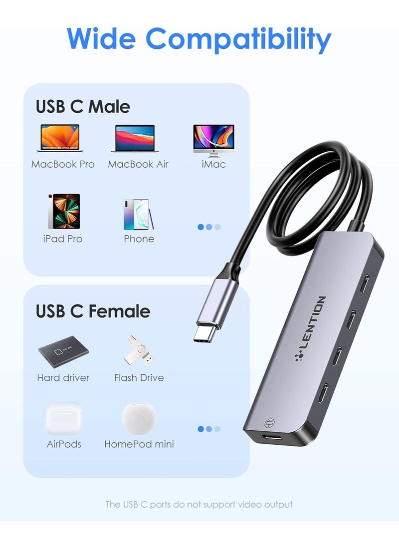 LENTION USB C Hub, 2FT Long Cable USB C Multiport Adapter, 4 USB3.0 Ports (USB-C Type, 5Gpbs), Powered USB C Port,Compatible MacBook Pro, iMac, iPad Pro, iPhone 15/15 Pro, and More (CE31,Space Gray)