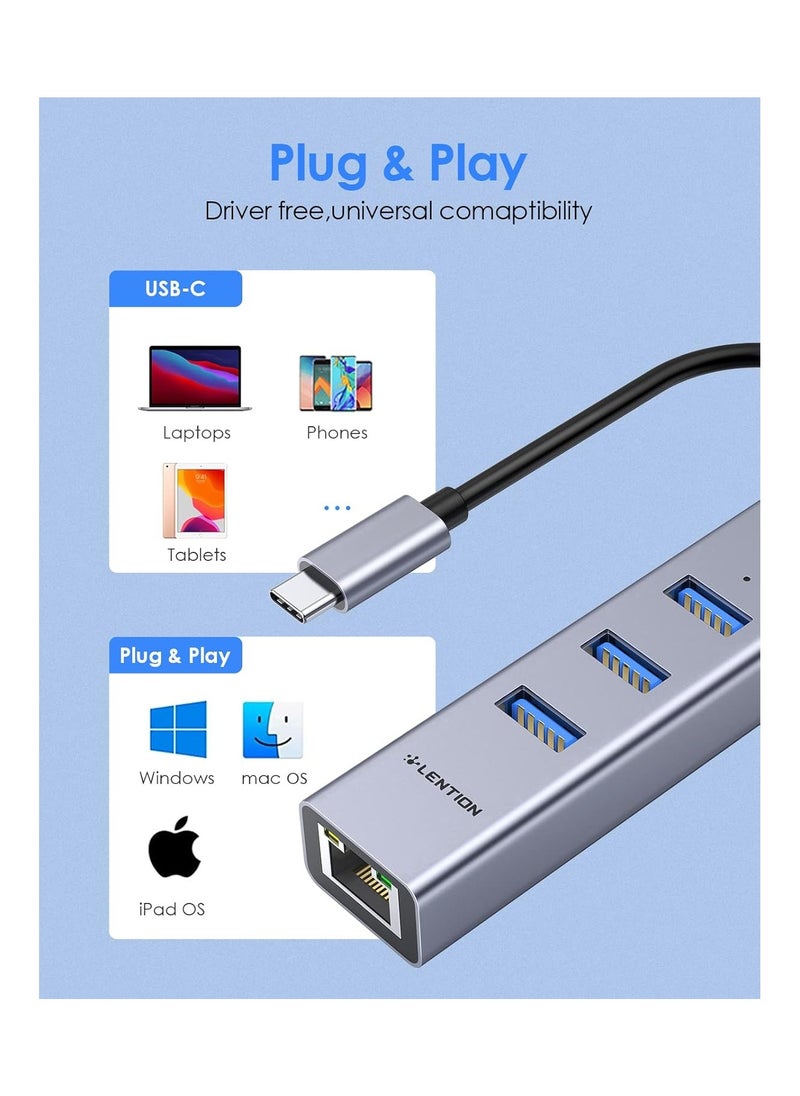 LENTION USB-C to 3-Port USB 3.0 Hub with Gigabit Ethernet Network Adapter for Apple MacBook 12, 2016 2017 MacBook Pro 13/15, Chromebook, Windows PC, Type C Notebooks Ultra Slim (Space Gray)