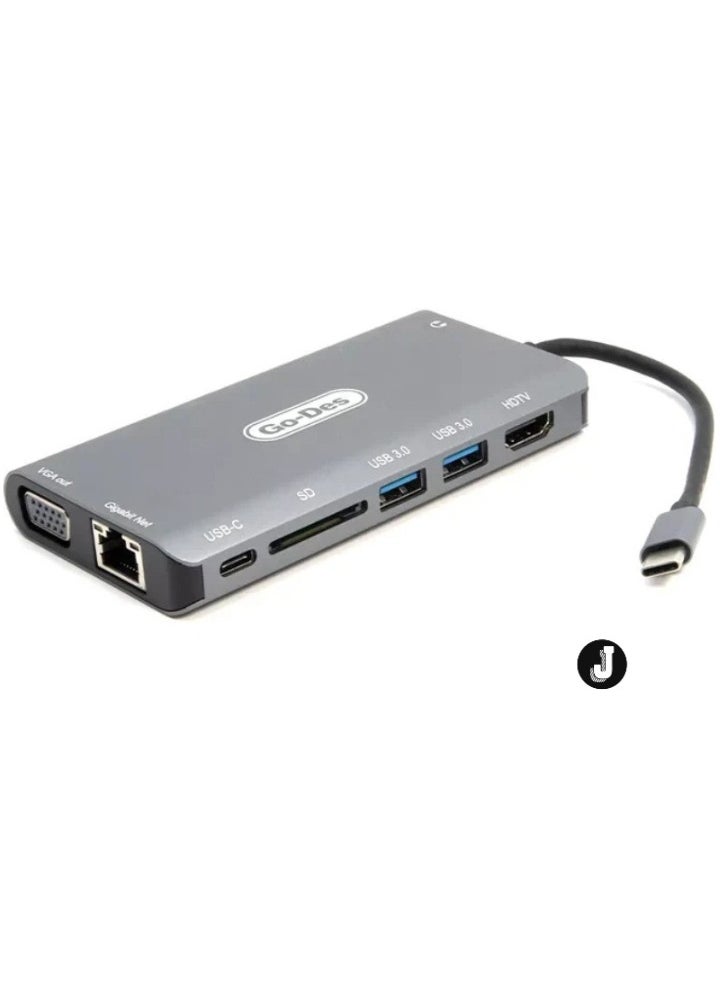 8-in-1 USB-C Hub Adapter GD-8792 – Power Delivery, High-Speed Data Transfer, HDMI, Ethernet & SD/MicroSD Ports, Compact and Portable Design