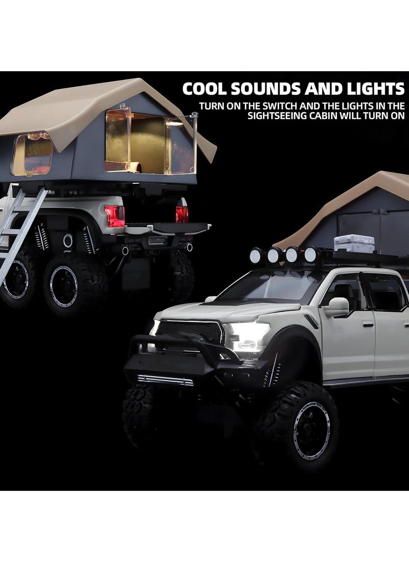 Pull Back Action Door Openable 1:24 Scale Off Road Alloy Diecast Model Car RV Camper Vehicle with Sightseeing Cabin, Sound and Light