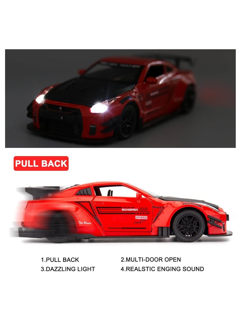 1:24 Scale Door Openable Simulation GTR R35 Sports Diecast Zinc Alloy Pull Back Collectible Toy Car with Sound and Light