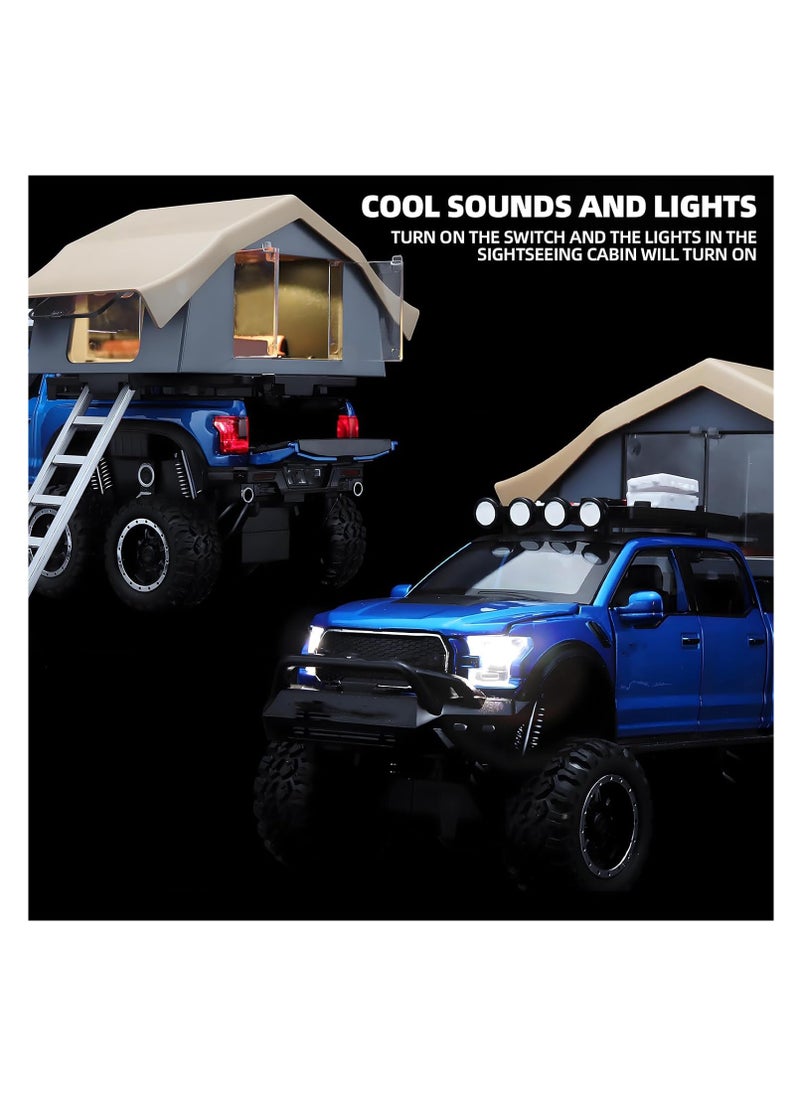 Pull Back Action Door Openable 1:24 Scale Off Road Alloy Diecast Model Car RV Camper Vehicle with Sightseeing Cabin, Sound and Light