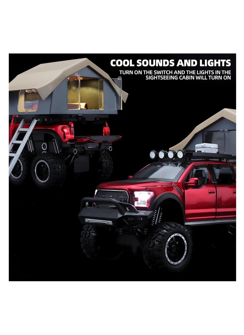 Pull Back Action Door Openable 1:24 Scale Off Road Alloy Diecast Model Car RV Camper Vehicle with Sightseeing Cabin, Sound and Light