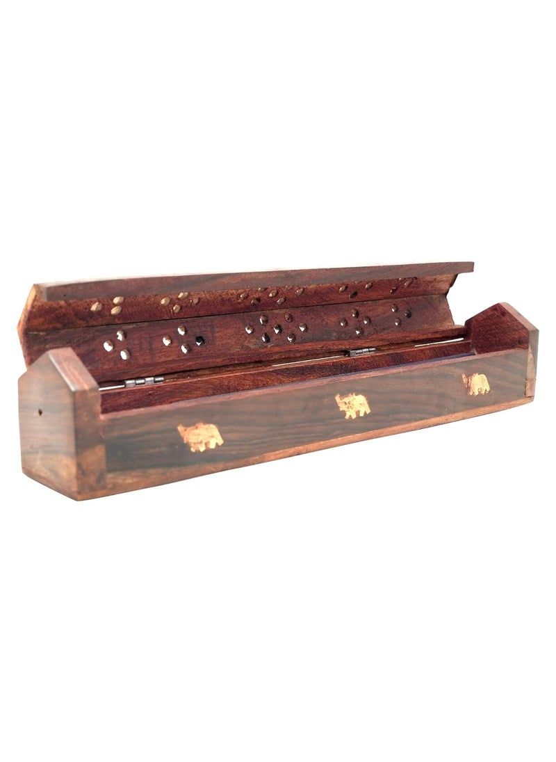 Wood and Brass Agarbatti Holder Dhoop Agarbatti Stick Wooden Box Holder Stand with Ash Catcher