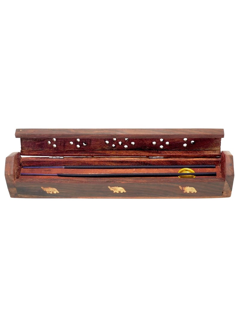 Wood and Brass Agarbatti Holder Dhoop Agarbatti Stick Wooden Box Holder Stand with Ash Catcher