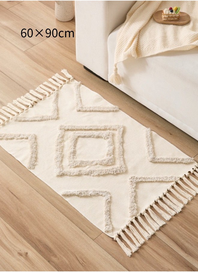 Decorative Floor Mat Cotton Linen Tassel Area Rugs For Living Room Bedroom Mrkhojahas White 60* 90cm