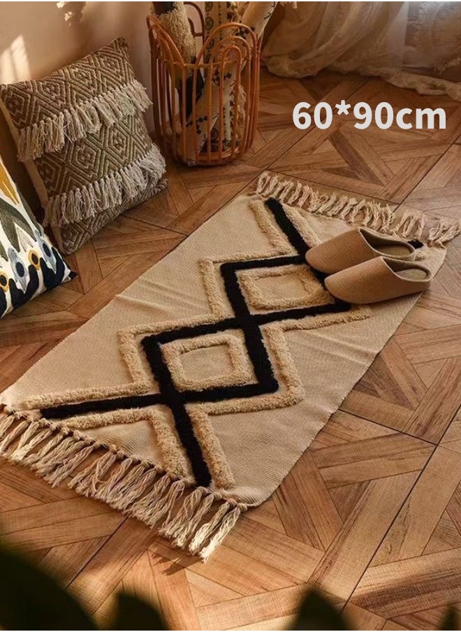 Decorative Floor Mat Cotton Linen Tassel Area Rugs For Living Room Bedroom Mrkhojahas Black 60* 90cm