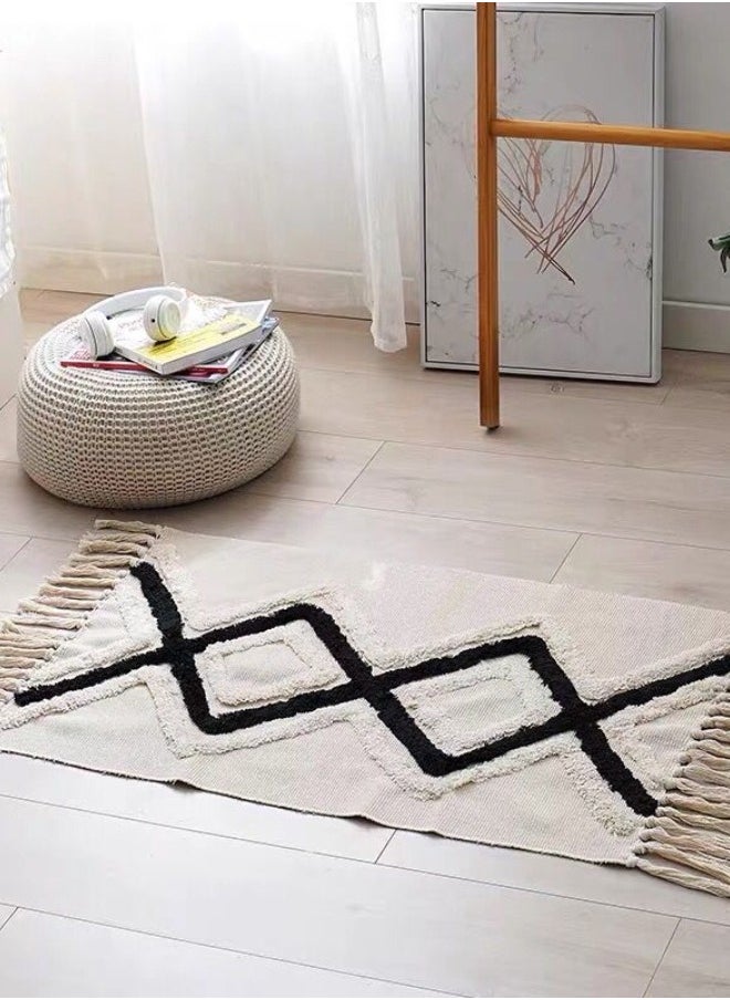 Decorative Floor Mat Cotton Linen Tassel Area Rugs For Living Room Bedroom Mrkhojahas Black 60* 90cm