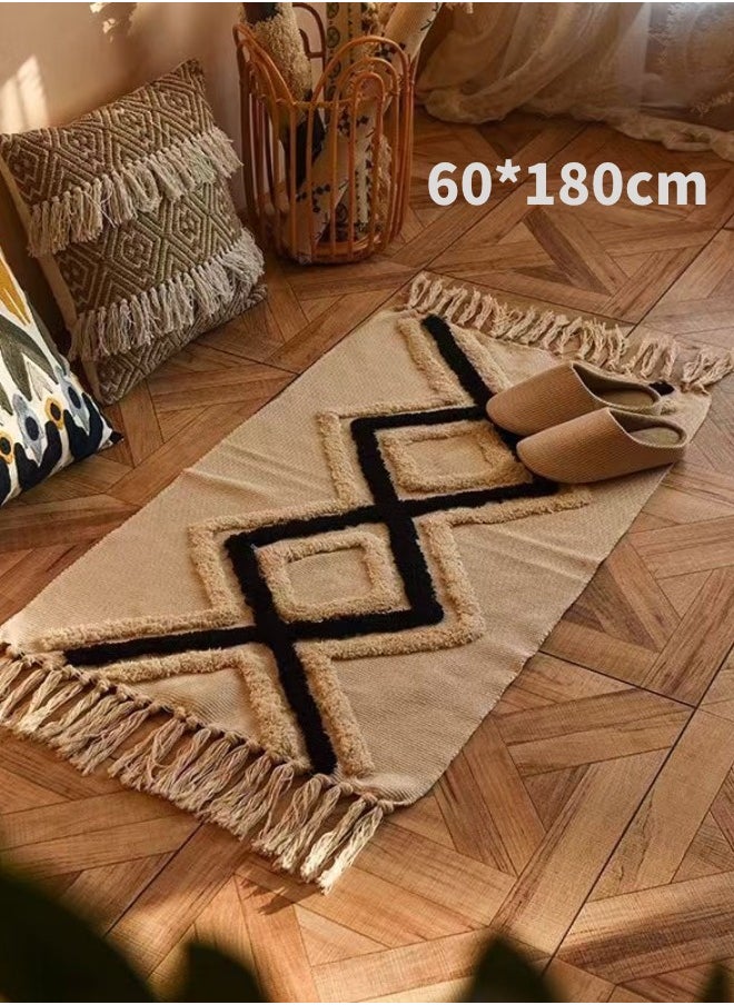 Decorative Floor Mat Cotton Linen Tassel Area Rugs For Living Room Bedroom Mrkhojahas Black 60* 130cm