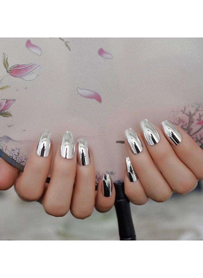 Silver Chrome Press On Nails Artificial Nails, Reusable Fake Nails, Set Of 22 False Nails Universally Sized Nail Extensions For Women Press- On Nails, Longlasting Fake Nails With Glue (Silver)