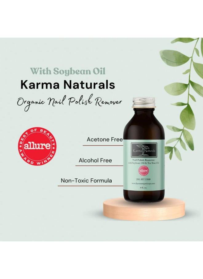 Karma Organic Nail Polish Remover With Soybean Oil and Tea Tree Oil  Non Toxic, Vegan, Cruelty Free, Acetone Free Nails Strengthener For Fingernails 4 Fl. Oz