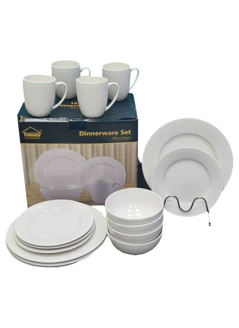 Modern Dinnerware set Porcelain 16 pieces set Dinner Plate, Side Plate, Bowl and Mug - Serves 4 - White