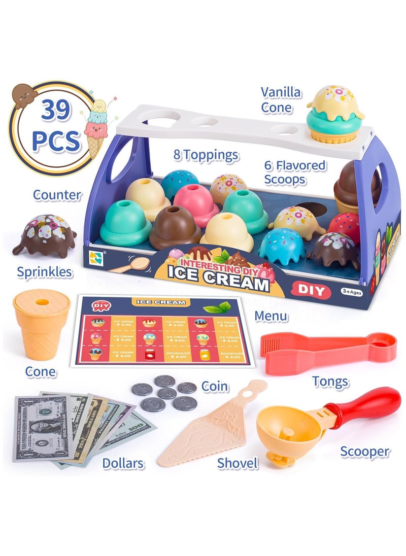 Serve Ice Cream Counter Toy, Ice Cream Toy Play Set for Kids, Toddler Ice Cream Counter Shop (39 Pcs) - Educational Pretend Play Food and Accessories, Great Gift for 3 4 5 6 Year Old Girl or Boy