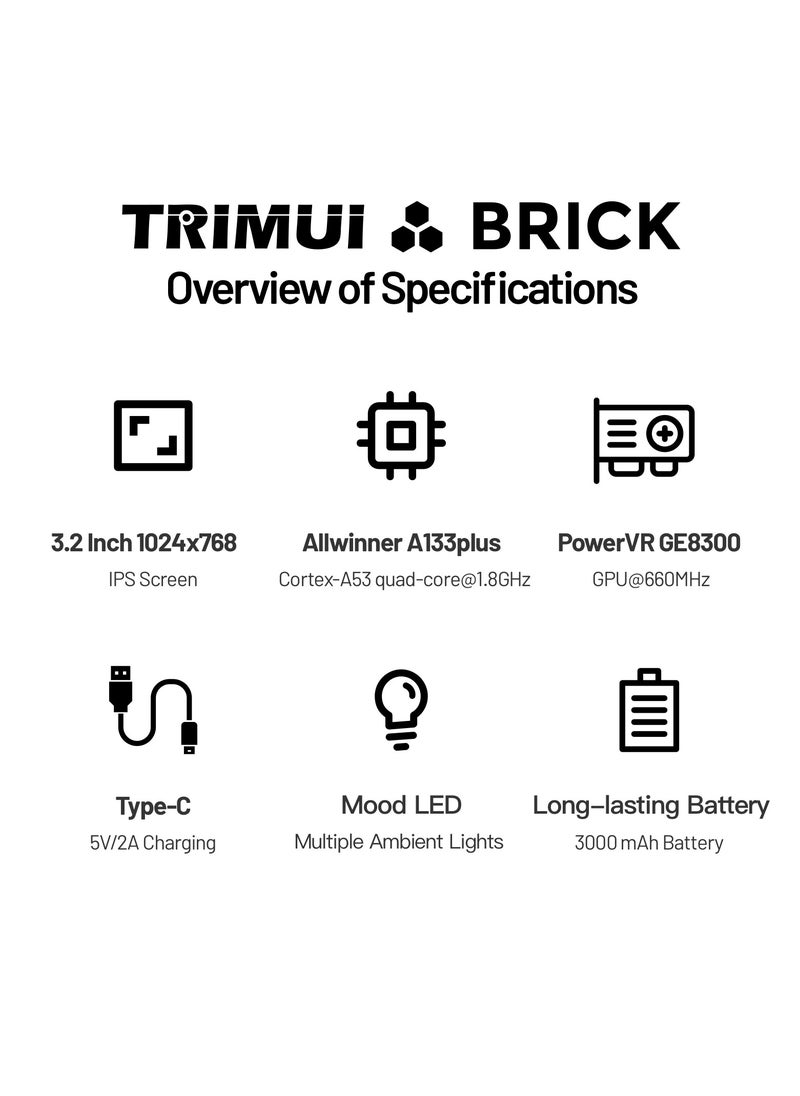 Trimui Brick Handheld Game Linux Console T3040 Portable Open-Source Allwinner A133P PowerVR GE8300 3.2 inches IPS Full-fit Screen Built-in Mono Microphone 3000mAh