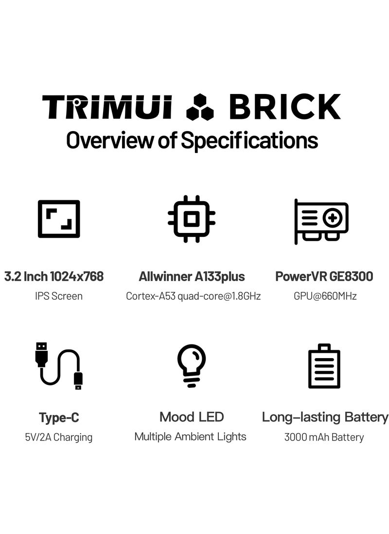 Trimui Brick Handheld Game Linux Console T3040 Portable Open-Source Allwinner A133P PowerVR GE8300 3.2 inches IPS Full-fit Screen Built-in Mono Microphone 3000mAh