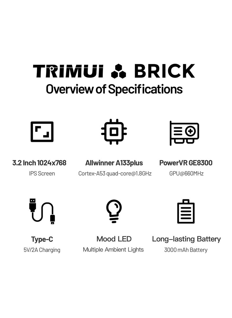 Trimui Brick Handheld Game Linux Console T3040 Portable Open-Source Allwinner A133P PowerVR GE8300 3.2 inches IPS Full-fit Screen Built-in Mono Microphone 3000mAh
