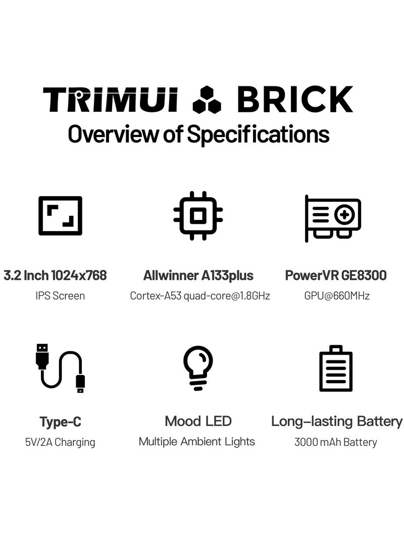 Trimui Brick Handheld Game Linux Console T3040 Portable Open-Source Allwinner A133P PowerVR GE8300 3.2 inches IPS Full-fit Screen Built-in Mono Microphone 3000mAh