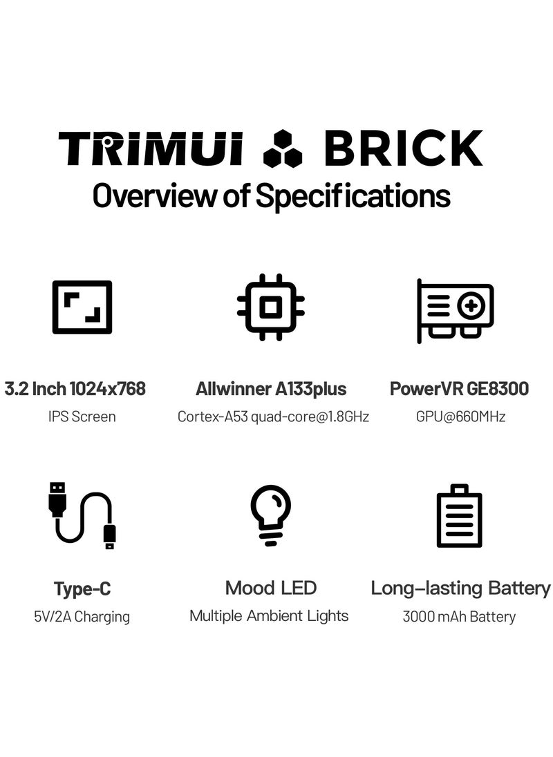 Trimui Brick Handheld Game Linux Console T3040 Portable Open-Source Allwinner A133P PowerVR GE8300 3.2 inches IPS Full-fit Screen Built-in Mono Microphone 3000mAh