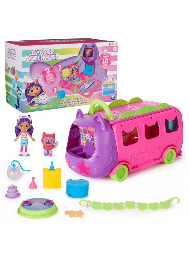 Gabby's Dollhouse Celebration Party Bus Playset with Gabby & DJ Catnip Toy Figures and Dollhouse Accessories, Kids Toys for Ages 3 and Up