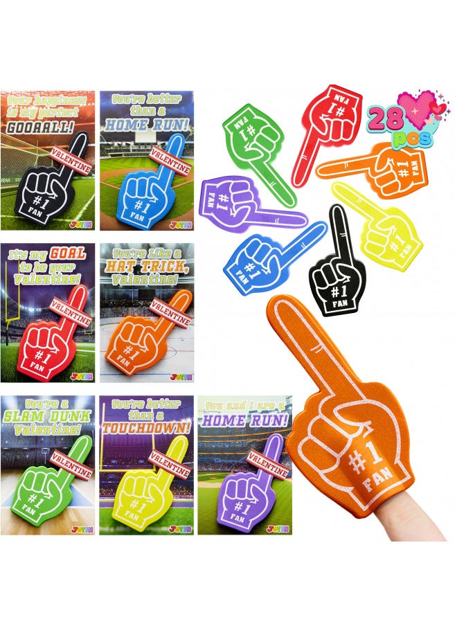 JOYIN 28 Pcs Valentines Day Foam Fingers with Cards for Kids, Valentine Party Favor, Valentines Greeting Cards, Valentine's Classroom Exchange Gift for Kids, Holiday Reward Prizes