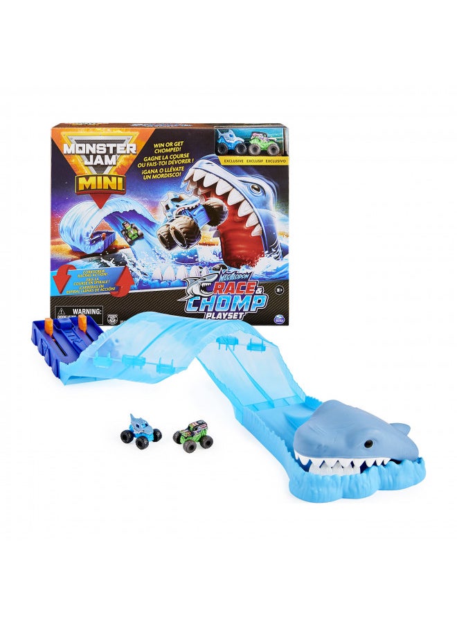 Monster Jam, Mini Megalodon Race and Chomp Playset with 2 Monster Jam Mini Trucks in 1:87 Scale, Monster Truck Toys for Kids Aged 3 and Up