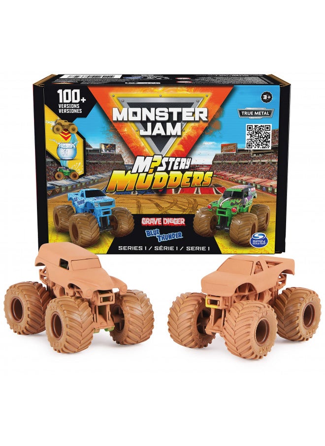 Monster Jam, Mystery Mudders 2-Pack Monster Trucks, Official 1:64 Grave Digger and Blue Thunder Die-Cast Vehicles, Wash to Reveal (Styles Will Vary)