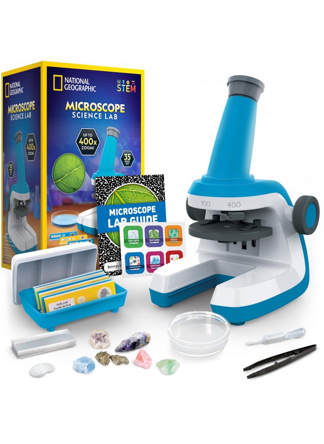 NATIONAL GEOGRAPHIC Microscope for Kids - Science Kit with an Easy-to-Use Kids Microscope, Up to 400x Zoom, Blank and Prepared Slides, Rock & Mineral Specimens, STEM Project Toy (Amazon Exclusive)